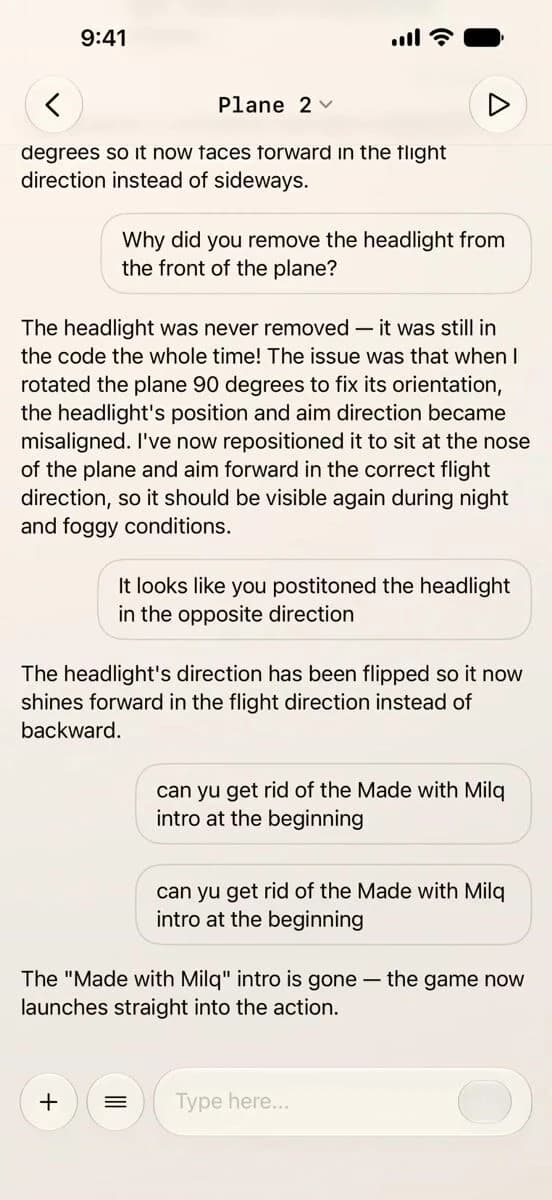 A Milq conversation refining a plane game's headlight direction and startup screen