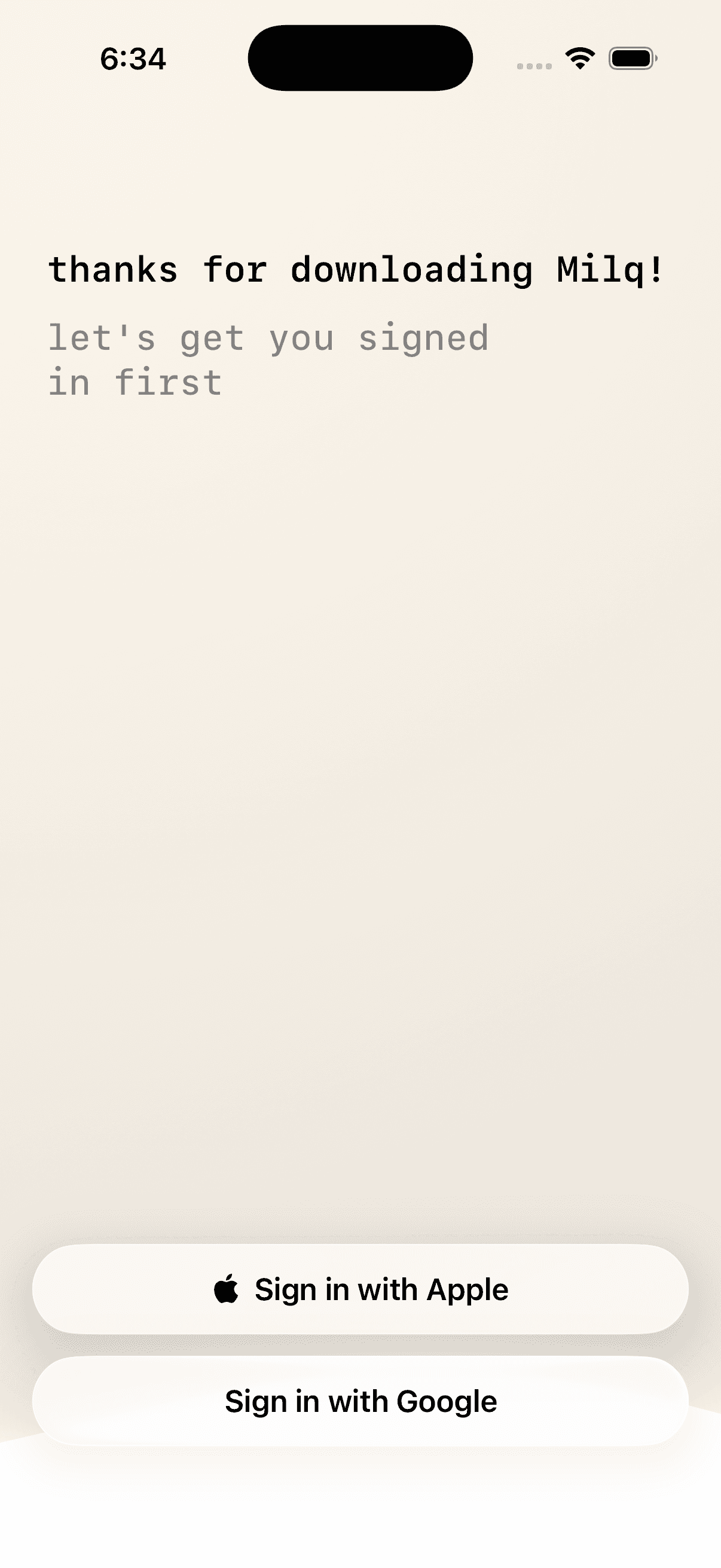 Milq sign-in screen with Apple and Google authentication options
