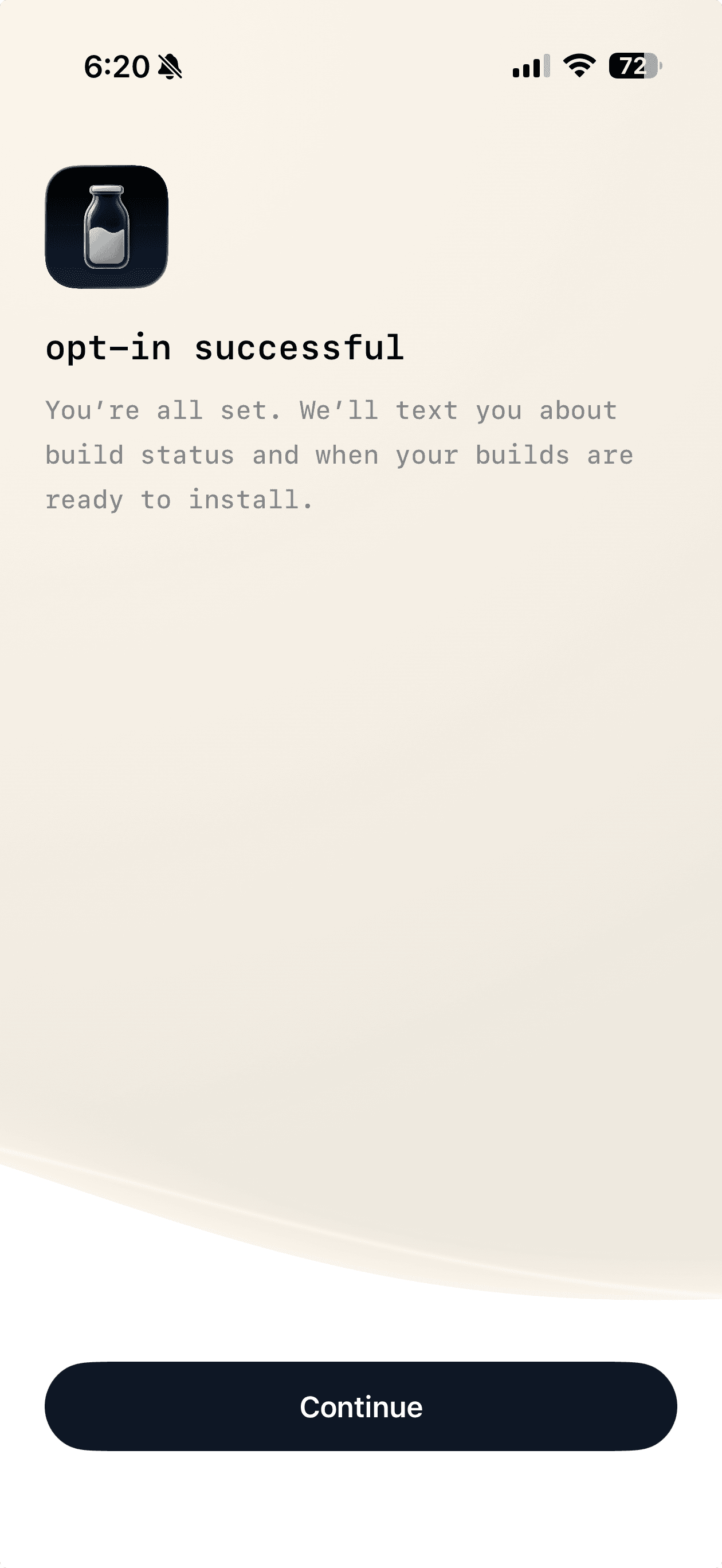 Milq confirmation screen showing that SMS opt-in was successful