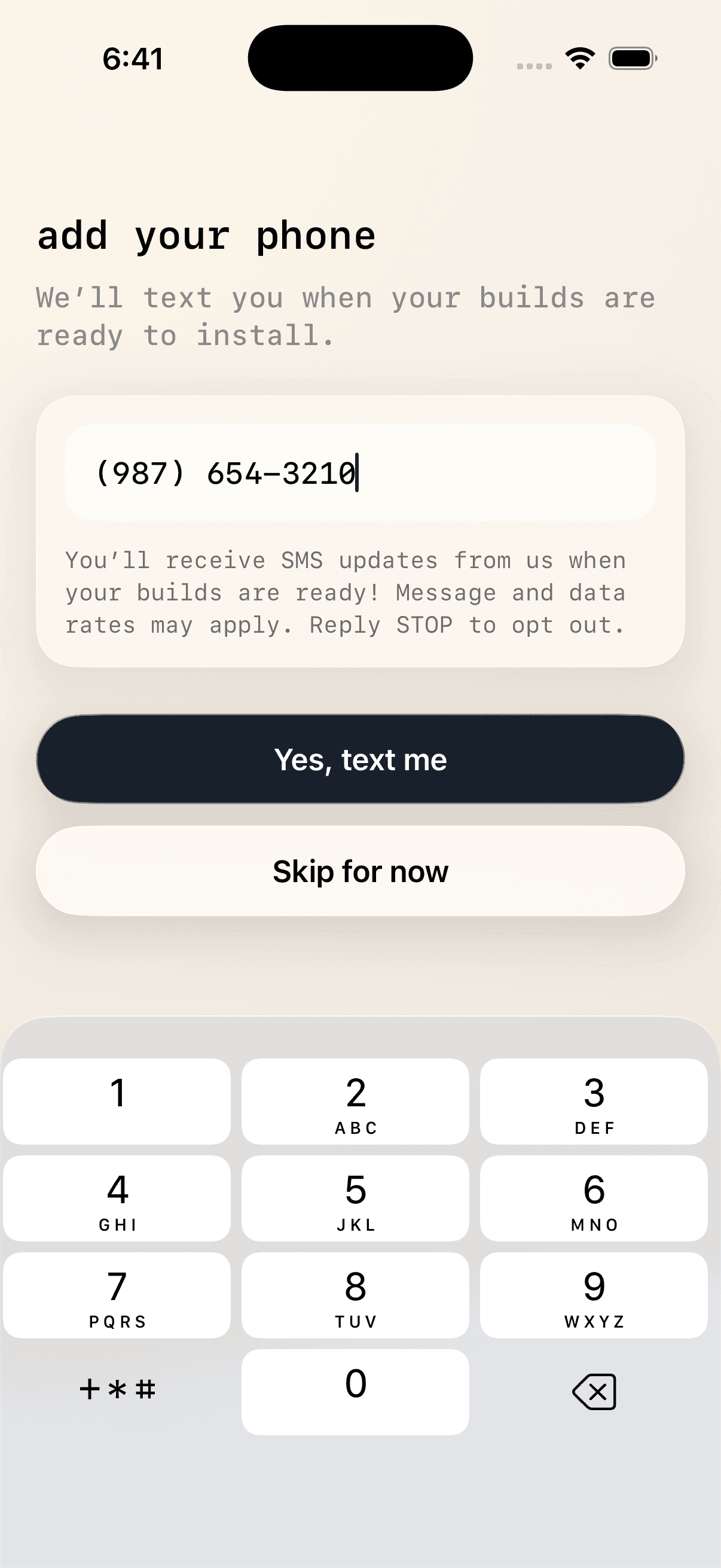 Milq SMS opt-in screen with phone number field and Yes, text me button